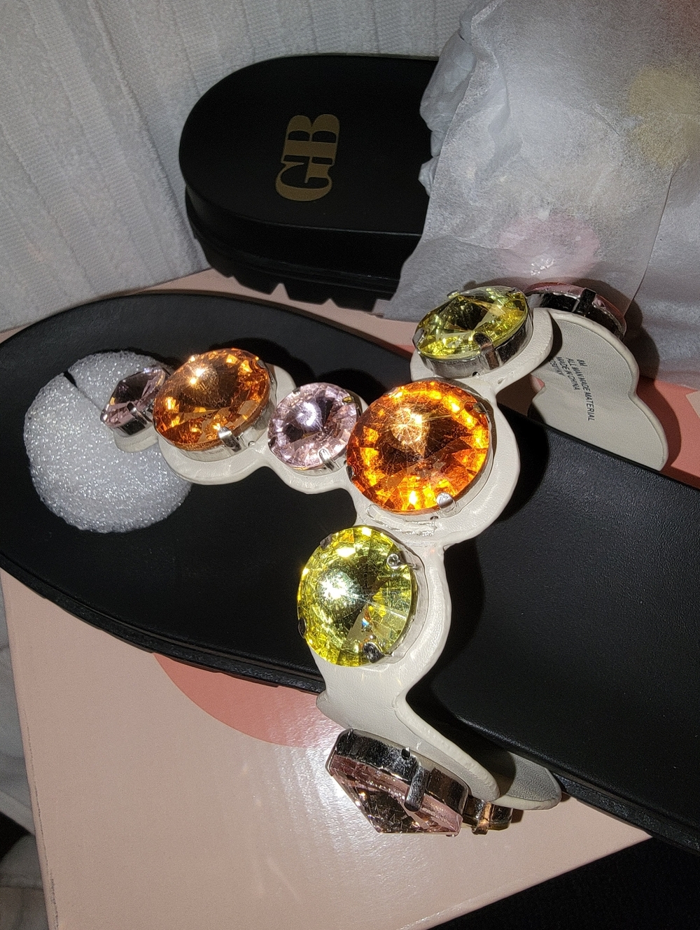 Gianni Bini White Jeweled Slide Sandals with Multicolor Gem Accents